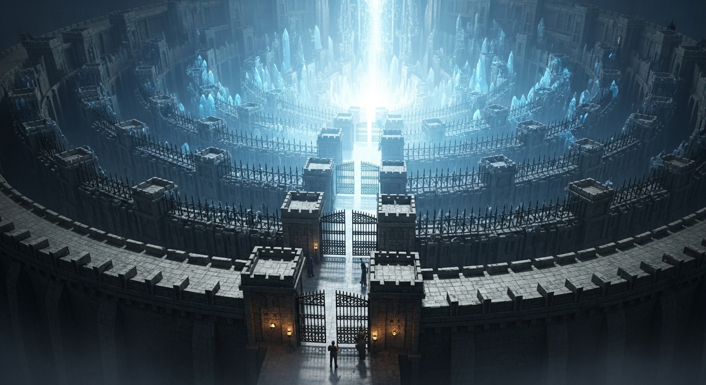 A vast fortress with multiple concentric layers of walls and checkpoints, each made of different materials, with a figure presenting credentials at the outermost gate