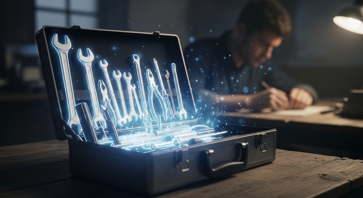 Glowing tools in an open toolbox, unused