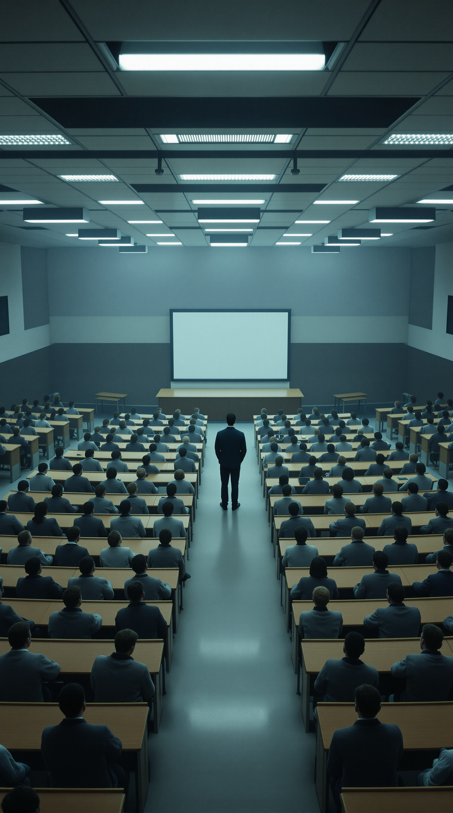 Shot 1: vast institutional classroom