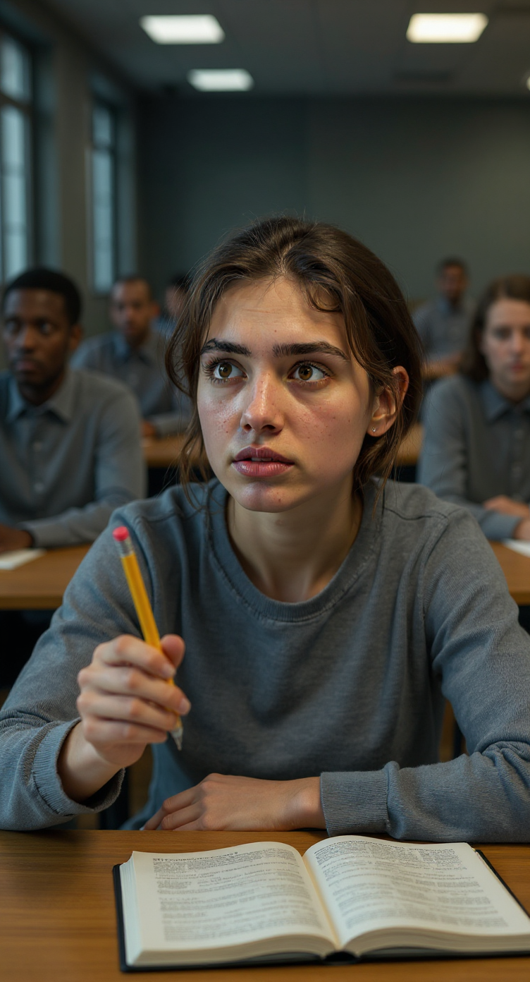 Shot 3: front-row protagonist holding pencil aloft