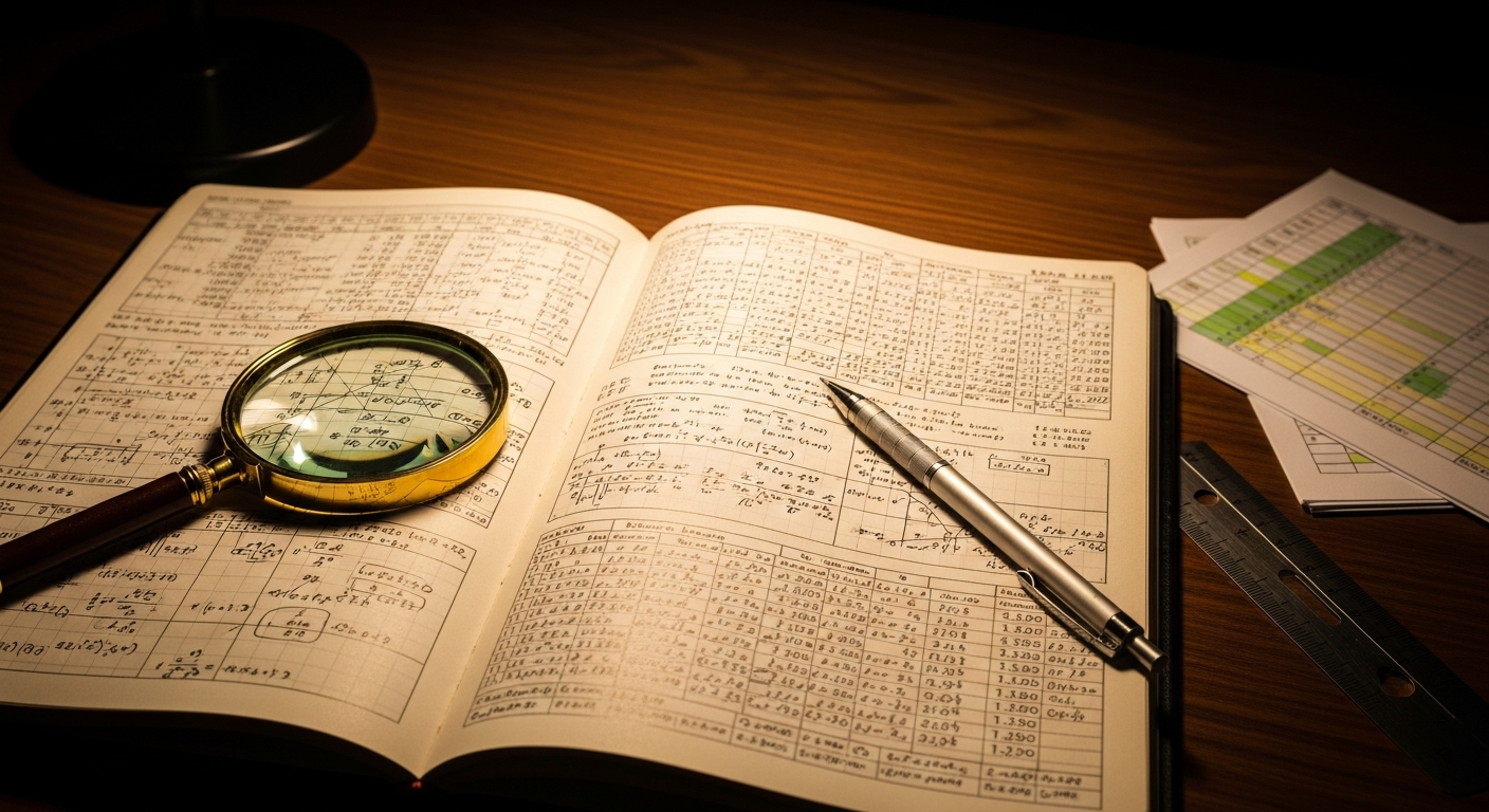 Engineer's notebook with calculations and magnifying glass