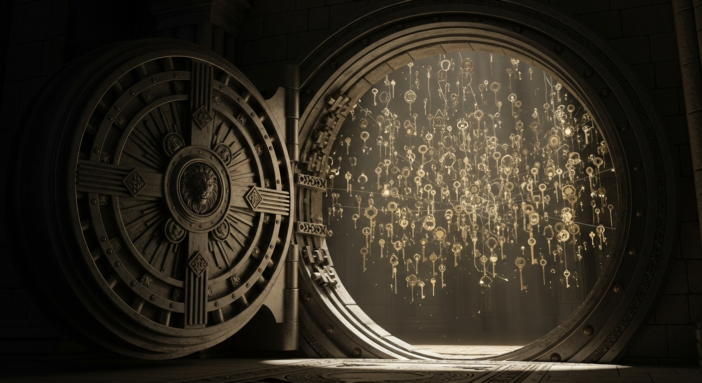 A massive ornate vault door standing partially open, revealing a luminous network of interconnected golden keys and tokens floating in a dark chamber beyond, with beams of light streaming through the gap