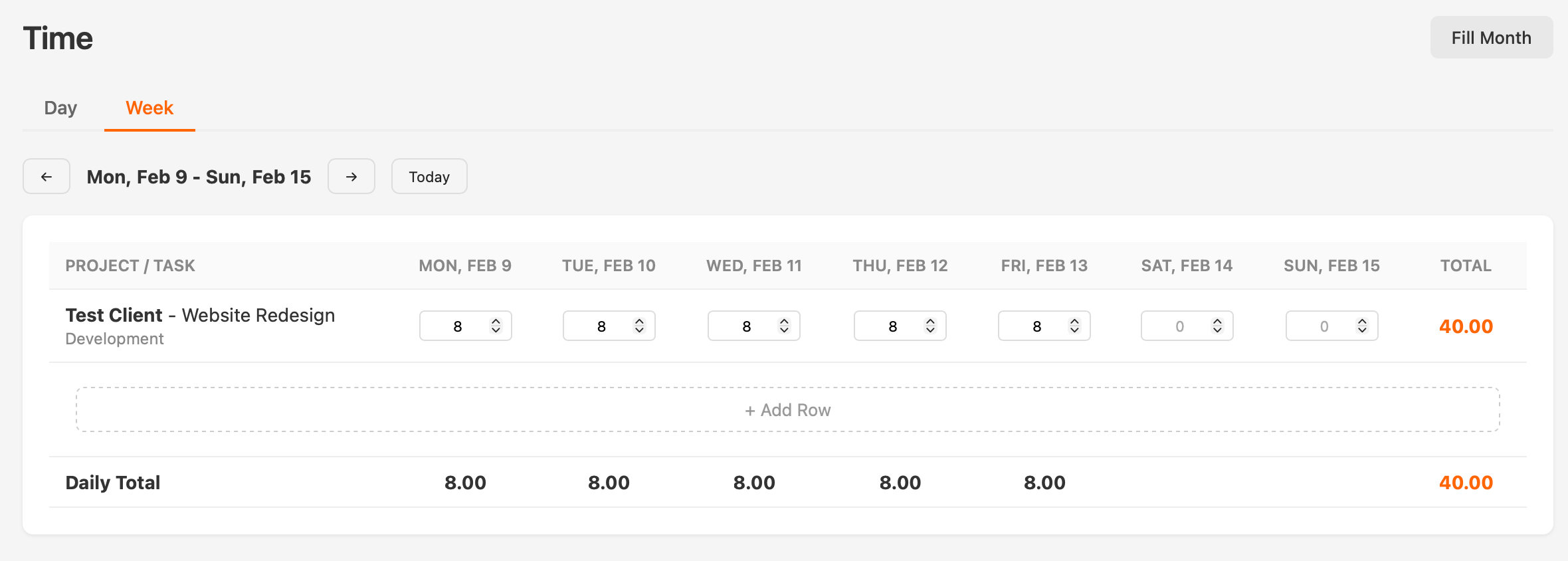 Claude's Harvest clone showing the editable week grid for time entry