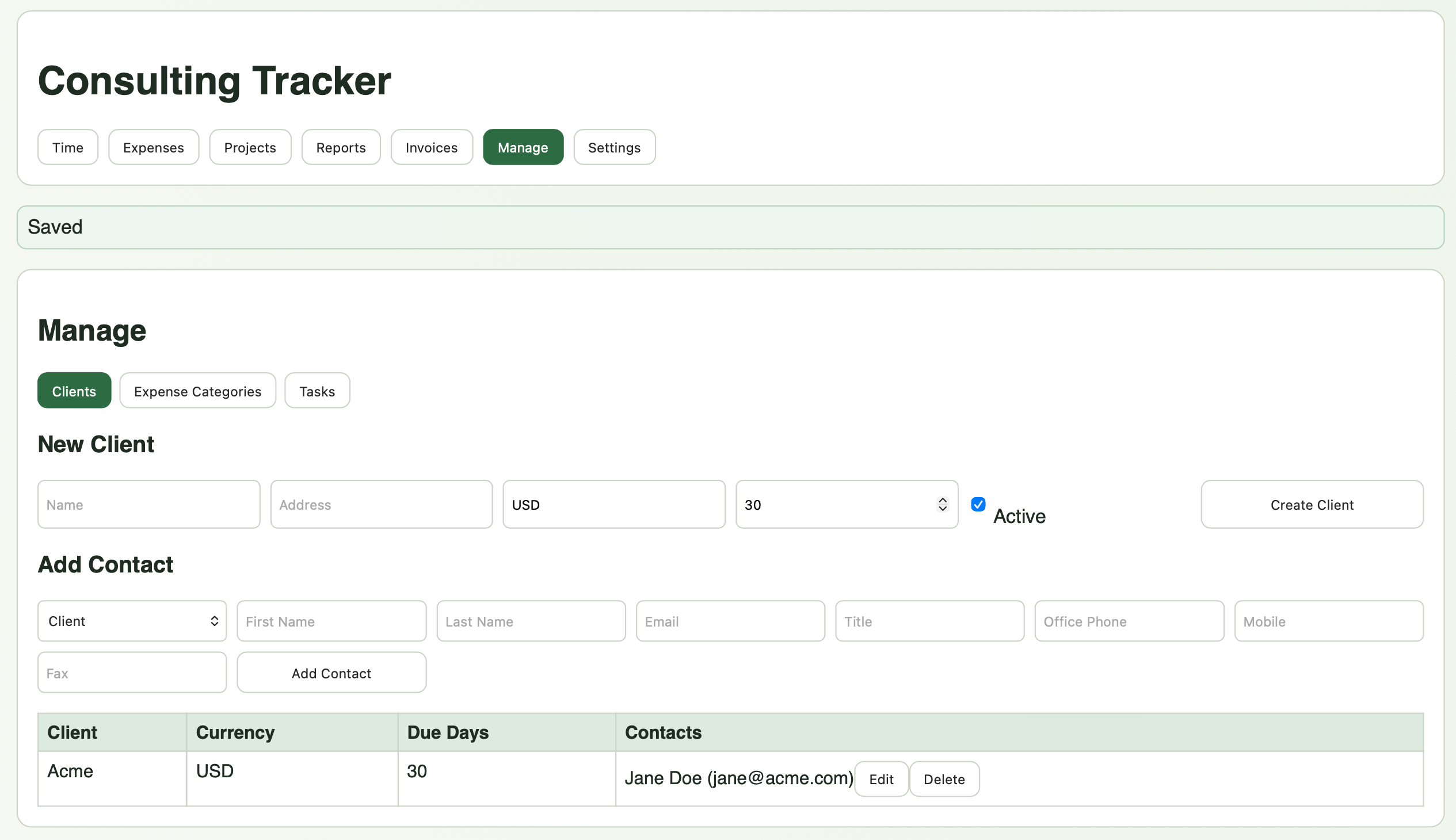 Codex's manage page showing inline forms for client creation and contact management