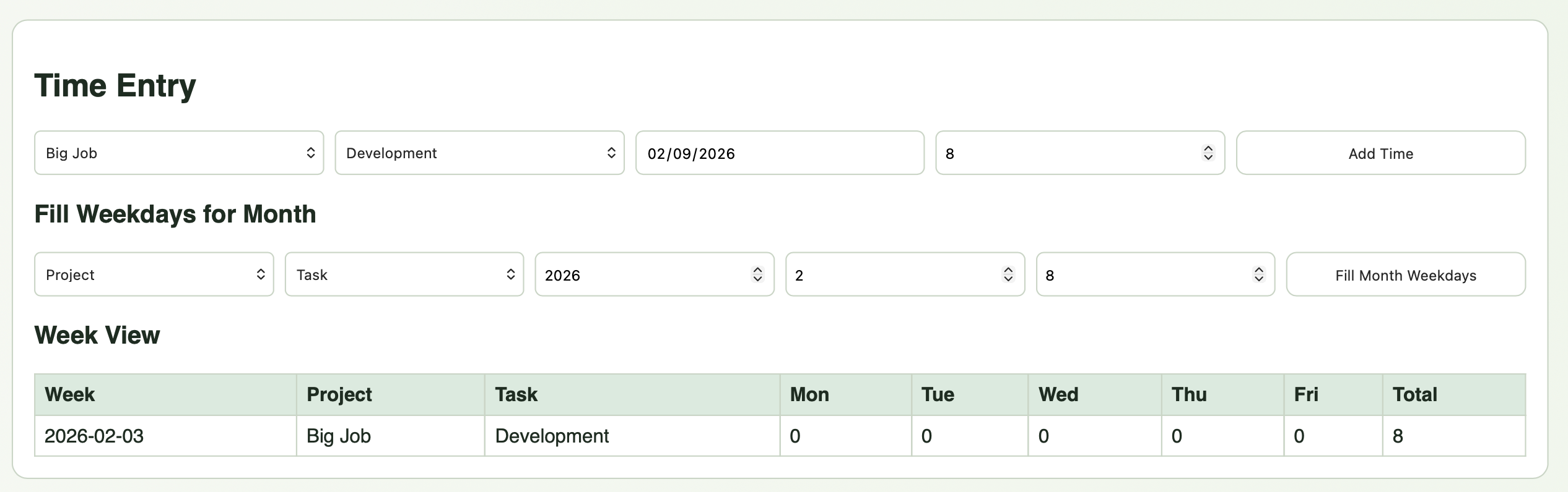 Codex's time entry page showing a basic form with dropdowns and a simple week view table