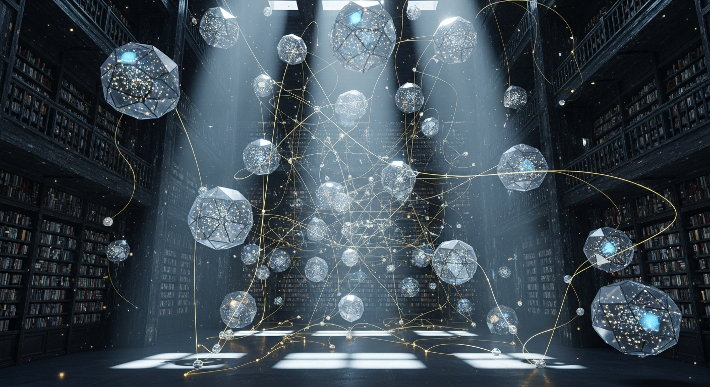 A vast crystalline library with glowing geometric nodes connected by luminous threads